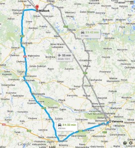 mapa, desde Malbork a Varsovia. gentileza Google maps