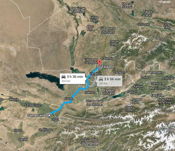 Ruta de Tashkent a Samarcanda, entileza Google Mpas